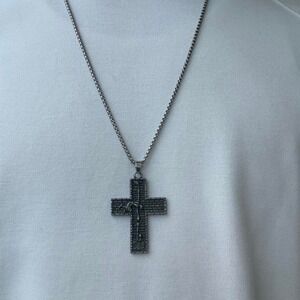 Mens Silver Cross Necklace Black Textured Skeleton Pendant 24 Inch Chain